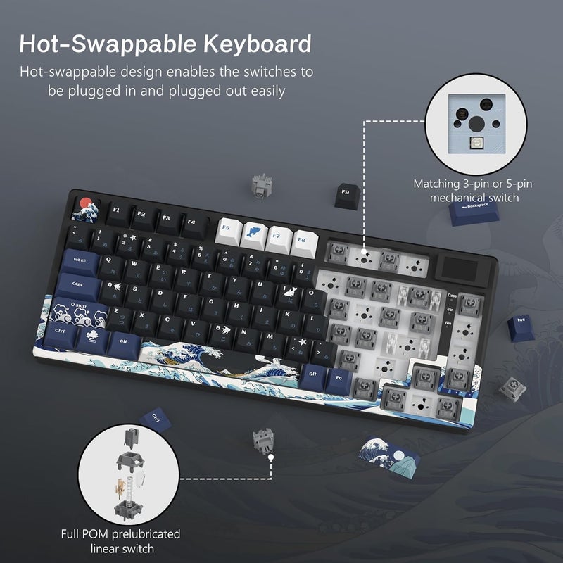 Womier لوحة مفاتيح S-K80 75% مع شاشة وسائط متعددة ملونة، لوحة مفاتيح ميكانيكية للألعاب بصوت كريمي، سلكية، قابلة للتبديل الساخن، مثبتة على حشوة، RGB، لوحة مفاتيح مخصصة، مثبتات مشحمة مسبقًا لنظام Mac/Win، أسود كاناغاوا - Image 4